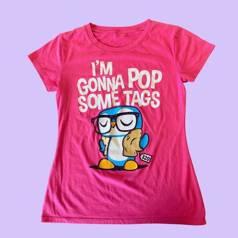 Y2K Pop Some Tags Penguin Graphic Tee Short Sleeve Slim Fit T-Shirt Scene #17